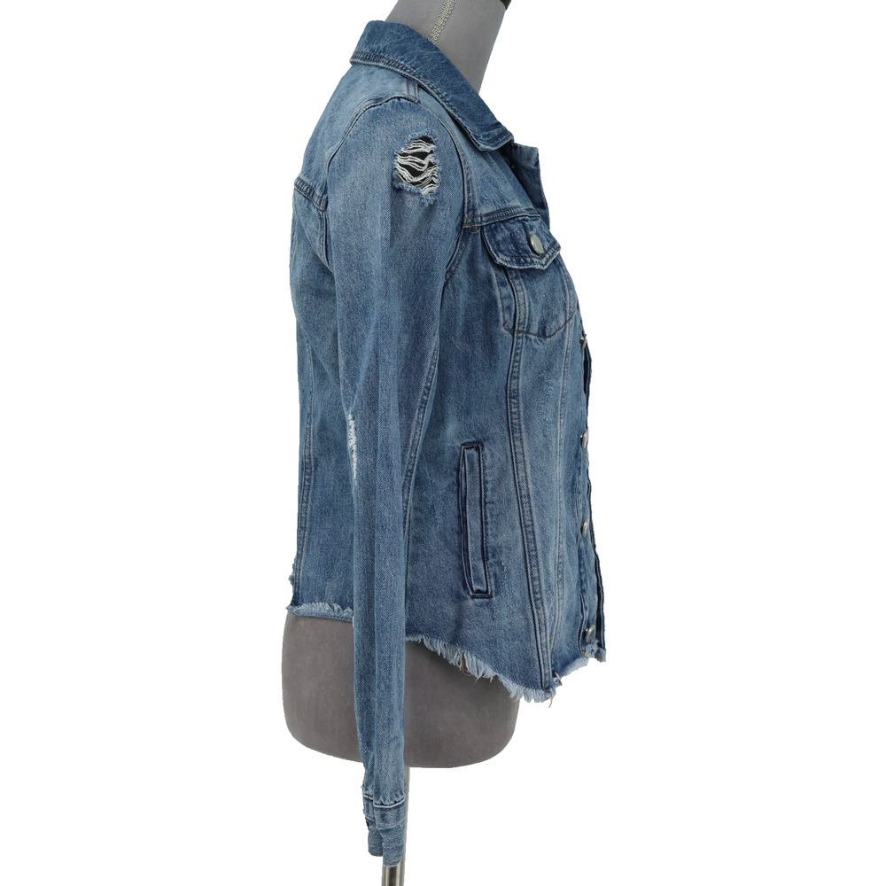 Blank NYC Jean Jacket Womens XS Blue Cotton Denim Raw Hem Distressed FLAW - Picture 6 of 16
